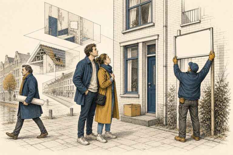 Jong stel op de stoep voor een klein appartementengebouw, een belegger met opgerolde plattegrond loopt weg