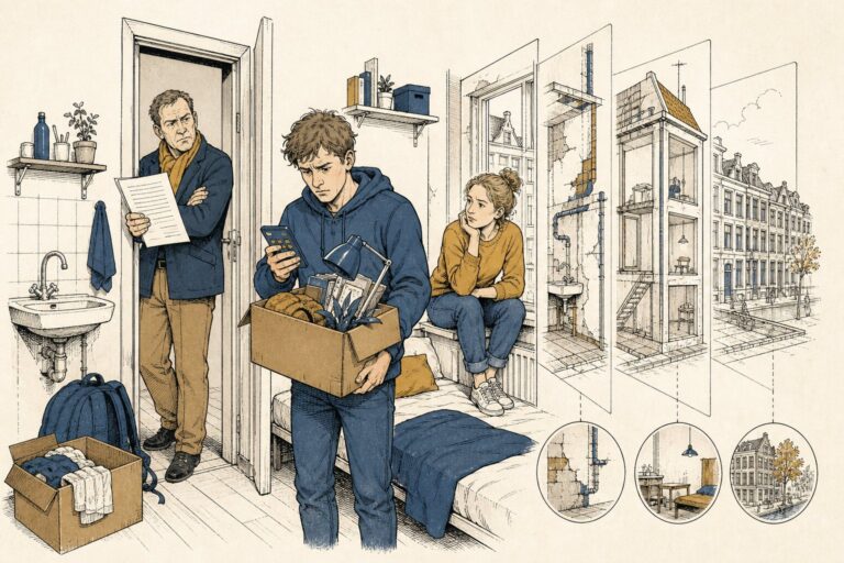 Studente met verhuisdoos in een kleine kamer telt op een rekenmachine, in de deuropening staat een verhuurder met een contract