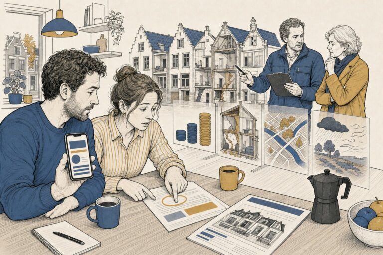 Stel aan de keukentafel met telefoon, hypotheekofferte en woningbrochure