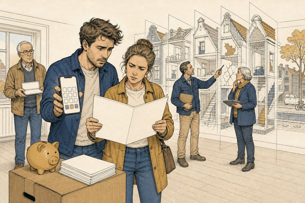 Jong stel rekent in een leeg appartement het verschil na tussen de hypotheek en de vraagprijs