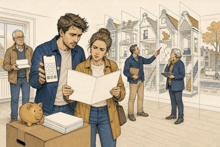 Jong stel rekent in een leeg appartement het verschil na tussen de hypotheek en de vraagprijs