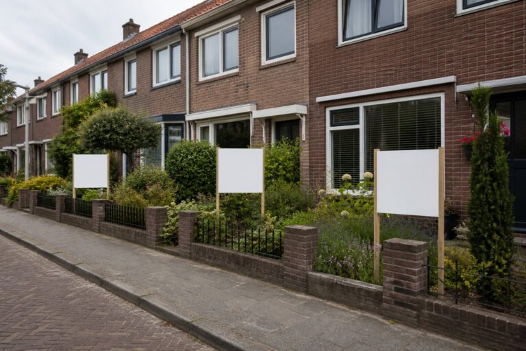 Rij Nederlandse bakstenen rijtjeshuizen met blanco verkoopborden in de voortuinen
