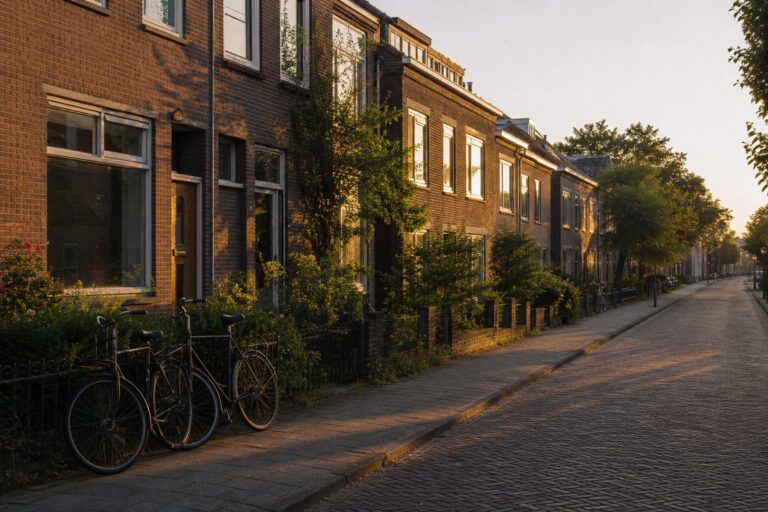 Straat met bakstenen rijtjeshuizen in laag avondlicht, fietsen tegen een hek op de stoep