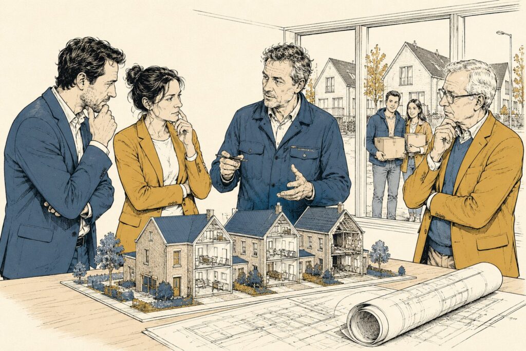 Vier mensen om een maquette van nieuwbouwwoningen, buiten kijkt een jong stel met verhuisdozen mee