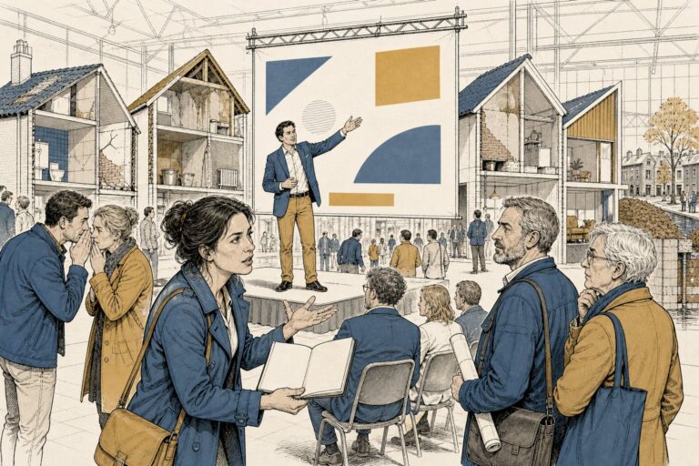 Lijnillustratie van een vastgoedbeurs waar een journalist een kritische vraag stelt bij een banner met een groot getal