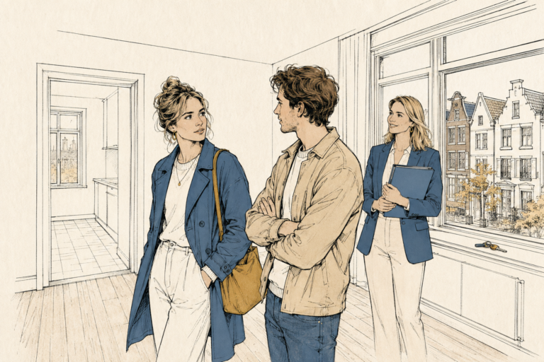 Twee jonge woningzoekers staan tijdens een bezichtiging in een leeg appartement met de makelaar bij het raam