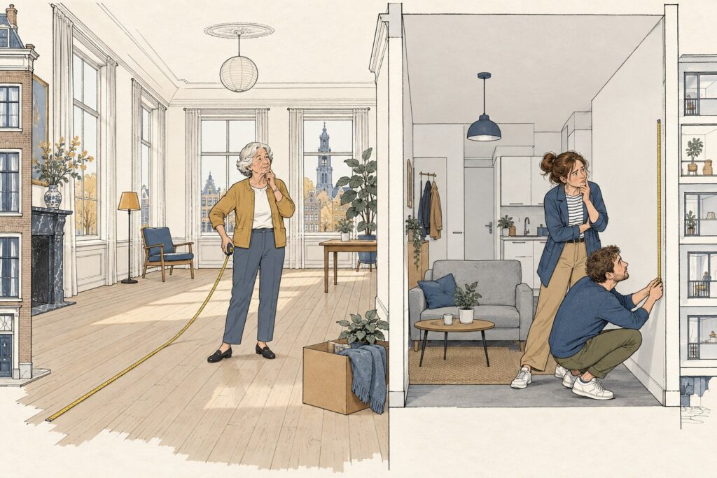 Oudere vrouw meet een ruime woonkamer op terwijl een jong stel in een klein nieuwbouwappartement dezelfde muur nameet