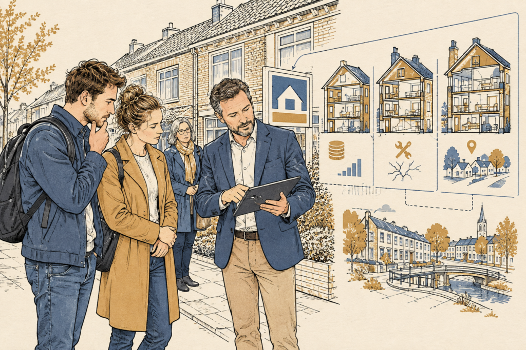 Illustratie: twee huizenzoekers staan bij een te-koop-bord terwijl een makelaar met een tablet uitleg geeft.