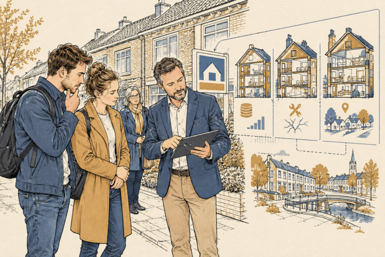 Illustratie: twee huizenzoekers staan bij een te-koop-bord terwijl een makelaar met een tablet uitleg geeft.