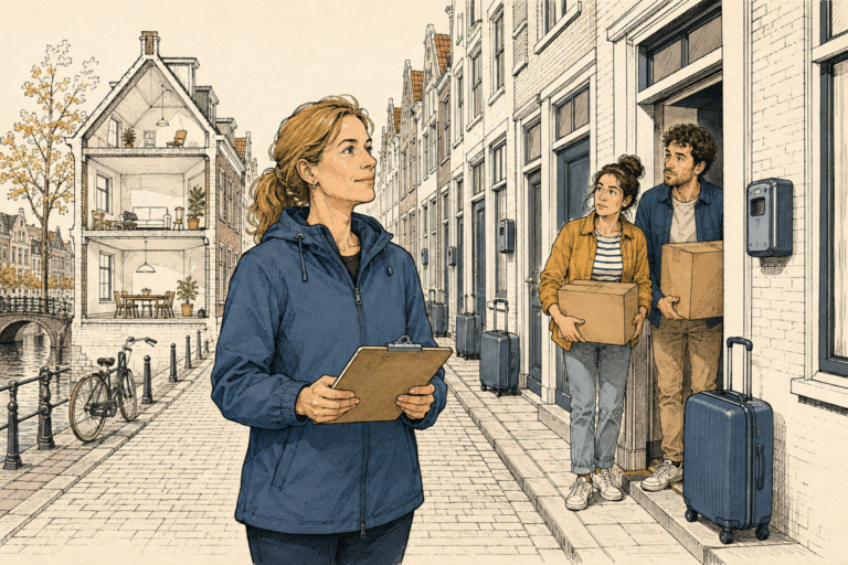 Gemeenteambtenaar met klembord in een grachtenstraat, stel met verhuisdozen op de stoep, aan de overkant huizen met sleutelkluisjes en rolkoffers