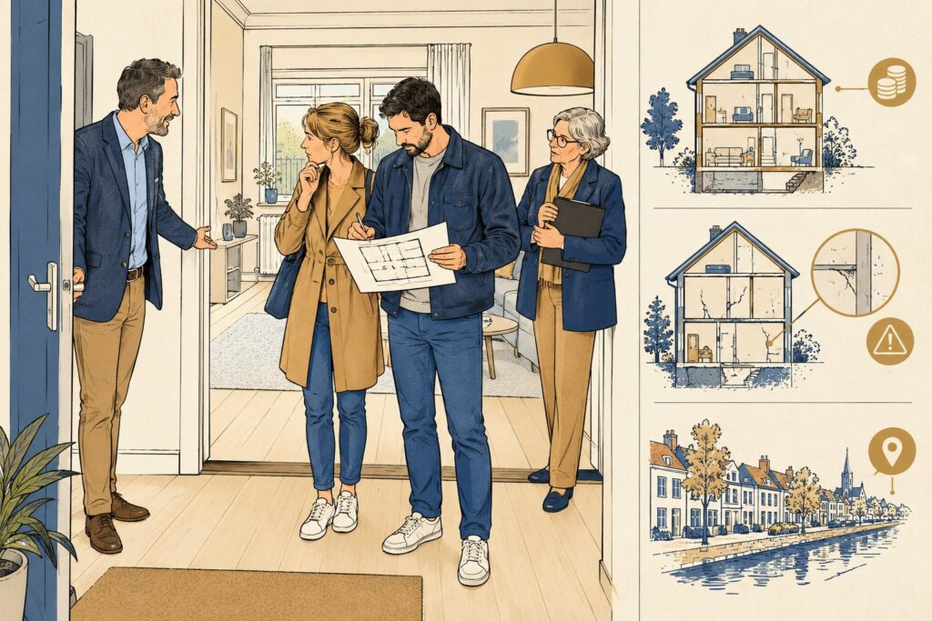 Kopers vergelijken een plattegrond met de kamers tijdens een woningbezichtiging
