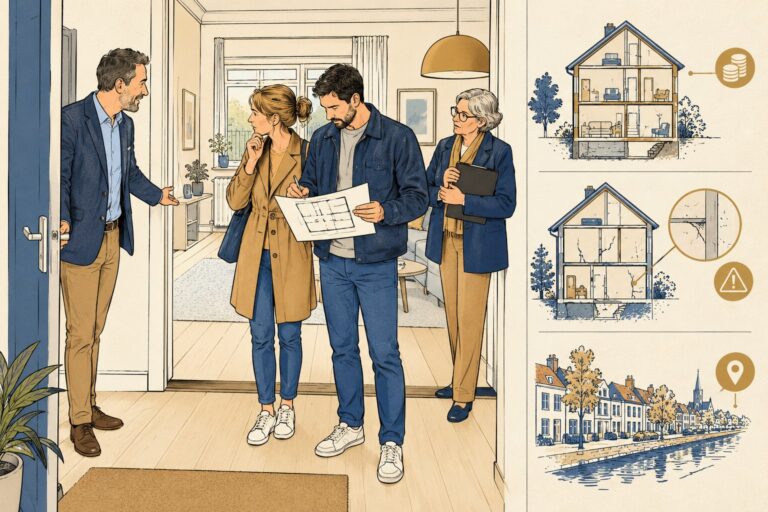 Kopers vergelijken een plattegrond met de kamers tijdens een woningbezichtiging